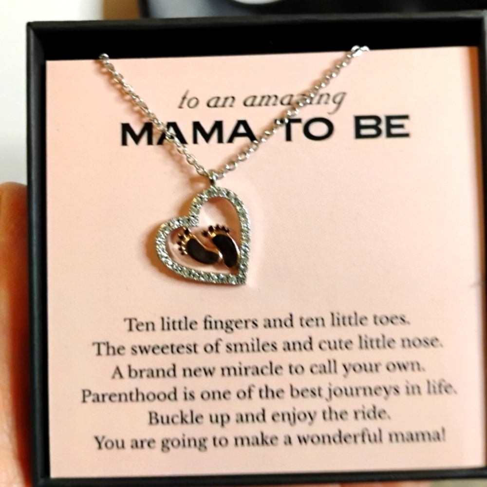 Mama to Be Silver Tone Rhinestone Heart Pendant Necklace